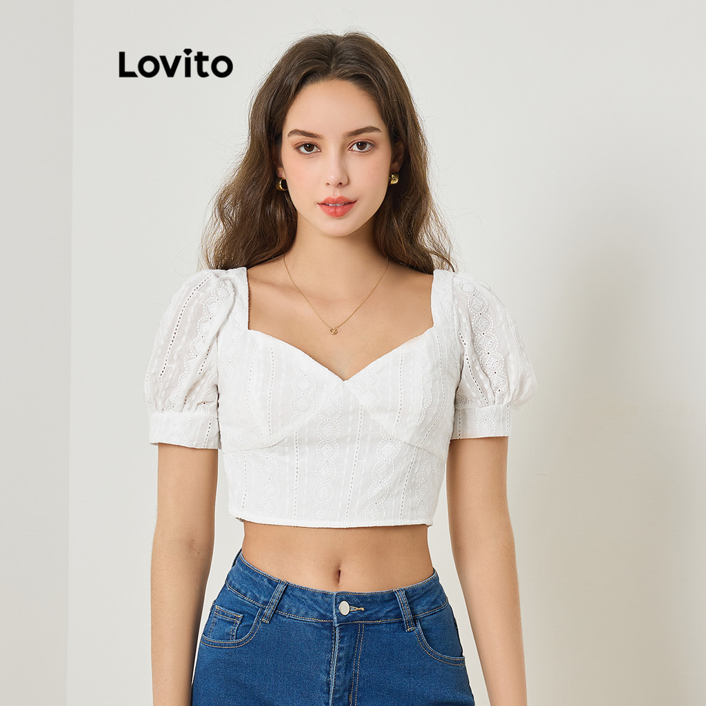 Lovito เสื้อเบลาส์ผู้หญิง แบบมีโครง ปักลายตาไก่ สีพื้น สไตล์ลำลอง L77ED444