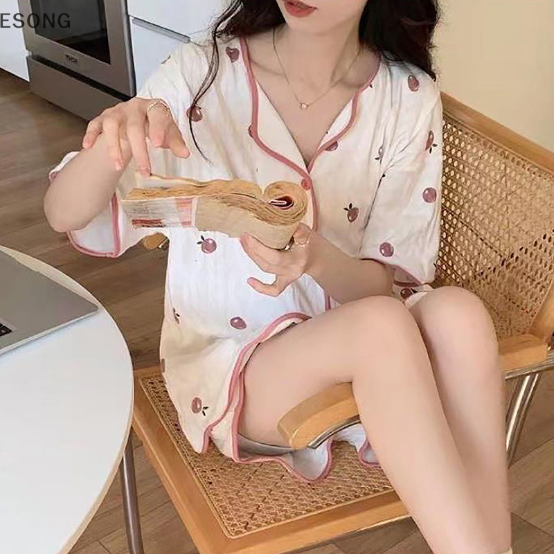 Esong ชุดนอน เสื้อคาร์ดิแกน ลายการ์ตูนหมีน่ารัก ทรงหลวม ใส่สบาย