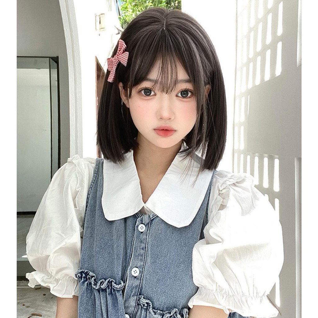 GDS Wigs วิกผมบ็อบสีน้ำตาลเข้ม มีหน้าม้า (ยาว 34 cm) แถมเน็ตผม