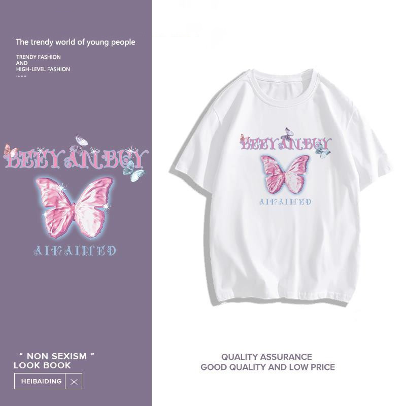 COD (กรุงเทพจัดส่งสินค้า)MAO Shop print T-shirt เสื้อยืดแขนสั้นพิมพ์ลายผีเสื้อสวย