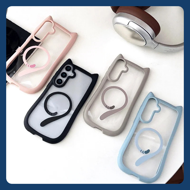 3d หูแมวน่ารักแม่เหล็กโปร่งใสสําหรับ Samsung Galaxy S24 S23 Plus กันกระแทกอะคริลิคฝาครอบกันชน Funda