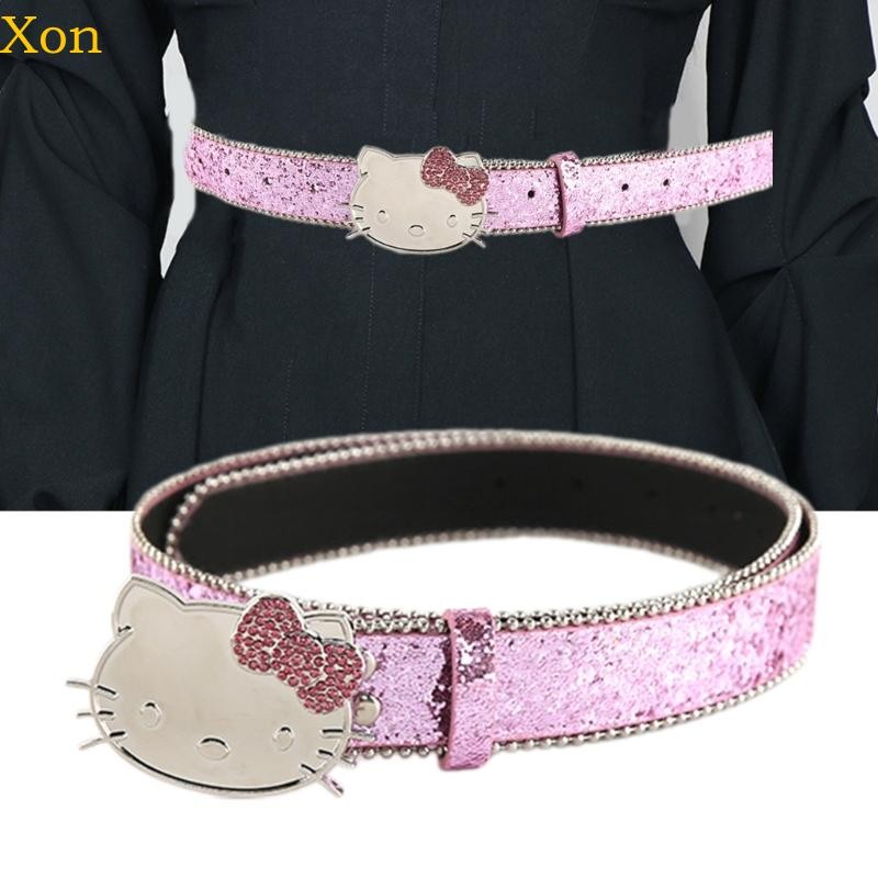 Xon วัยรุ่น Full Sequins เข็มขัดสําหรับชุดปรับลูกแมวหัวหัวเข็มขัด เอว Harajuku บาง สุภาพสตรีกระโปรง Bel