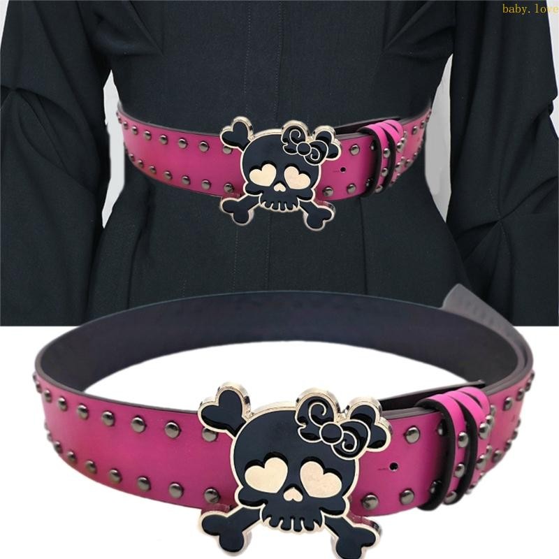 Blove* Skull Buckle PU Belt 2000s Girl Rivets Studded Belt Adult GothicStyle Waiststrap