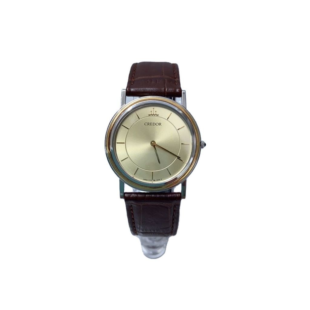 Seiko(ไซโก) CREDOR Mens Watch SEIKO Bezel 18KT Ungenuine Strap Quartz Leather GLD SS 7770-6030 Direc