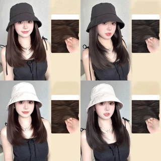 Jsjjingpหมวกชาวประมงวิกผม,หมวกถังสังเคราะห์ผมสั้นตรงหมวกวิกผม,ที่เรียบง่ายฮิปฮอปแฮร์พีชปุยฤดูร้อนบังแดดวิกเดินทาง