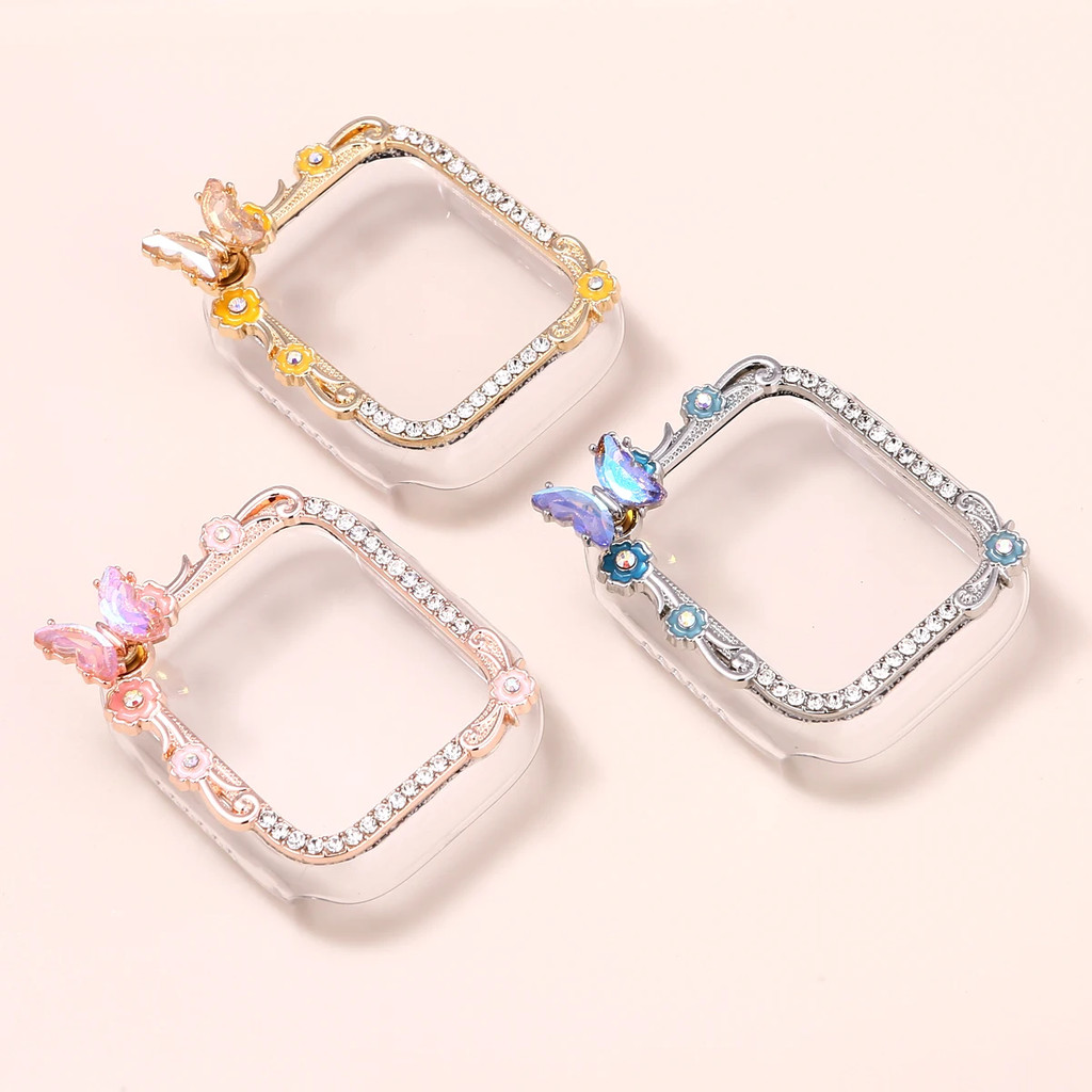เคสกันกระแทกพลอยเพชร Dizzy Butterfly Spinning สำหรับ Apple Watch Strap Series 9 8 7 6 5 SE 4 ฝาครอบป้องกัน Band iWatch 45 44 41 40 mm