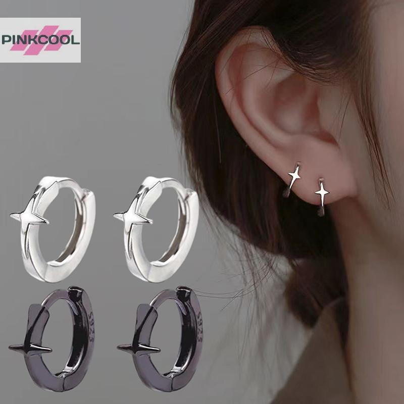 Pinkcool ดาวห้าแฉกข้ามต่างหูห่วงขนาดเล็กสําหรับผู้ชายผู้หญิง Hip Hop Retro สีดําสีเงิน Street Gothic หูเครื่องประดับร้อน