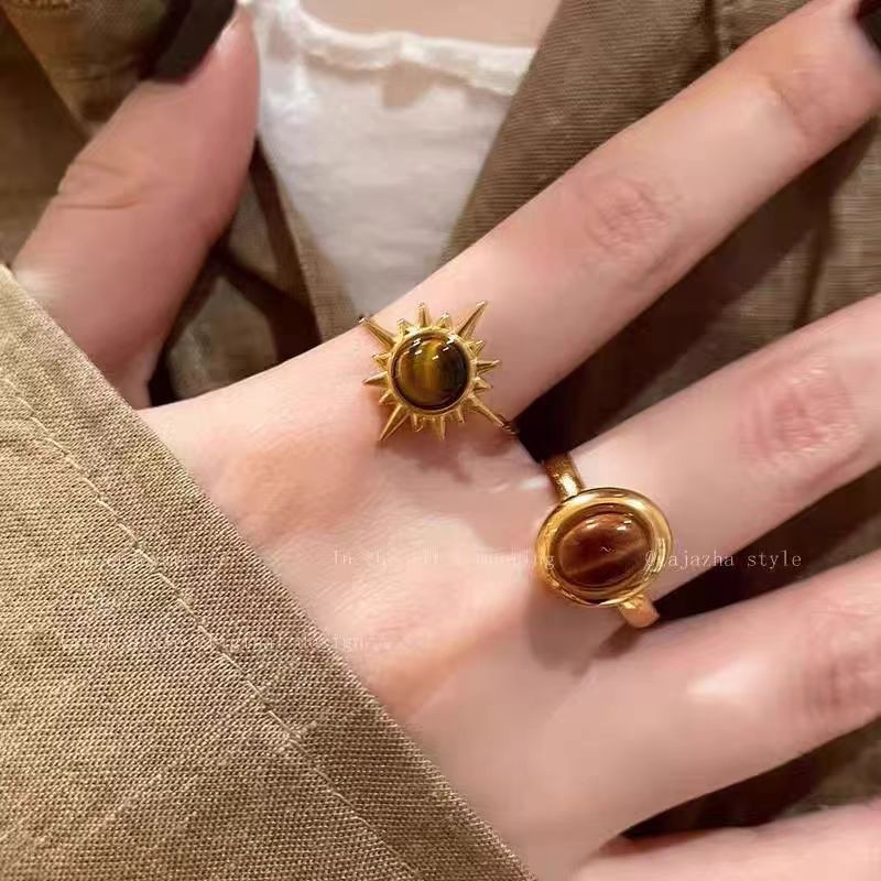 Lanxiu Vintage Tiger Eye แหวนทองดอกทานตะวันเปิดแหวนปรับได้สําหรับผู้หญิงเครื่องประดับวันหยุดของขวัญอุปกรณ์เสริม - รูปที่ 4