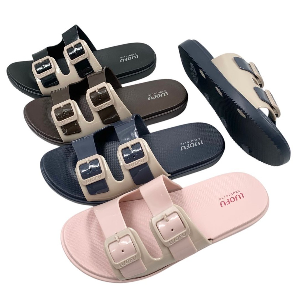 BLS LUOFU Womens 2-Tone Buckle Two-Tone Slip-On Sandals นําเข้า E7188-BRE01K2W (G5)