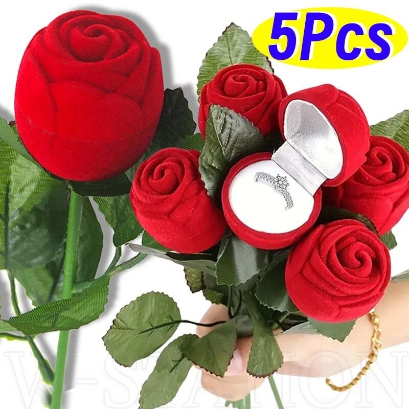 กล่องของขวัญ กล่องแหวนแต่งงาน บุกํามะหยี่ รูปดอกกุหลาบ สีแดง สไตล์โรแมนติก สําหรับใส่เครื่องประดับ แหวน ช่อดอกไม้ 5 ชิ้น