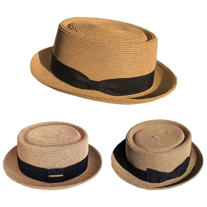 Char Straw Beach Hat Straw Fedora Hat Straw British Style Boater Hat หมวกปานามา