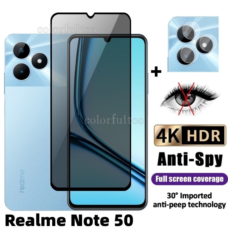 2in1 ฟิล์มกระจกนิรภัยกันรอยหน้าจอ ป้องกันเลนส์กล้อง กันแอบมอง สําหรับ Realme Note 50 4G 9H Realme Note50