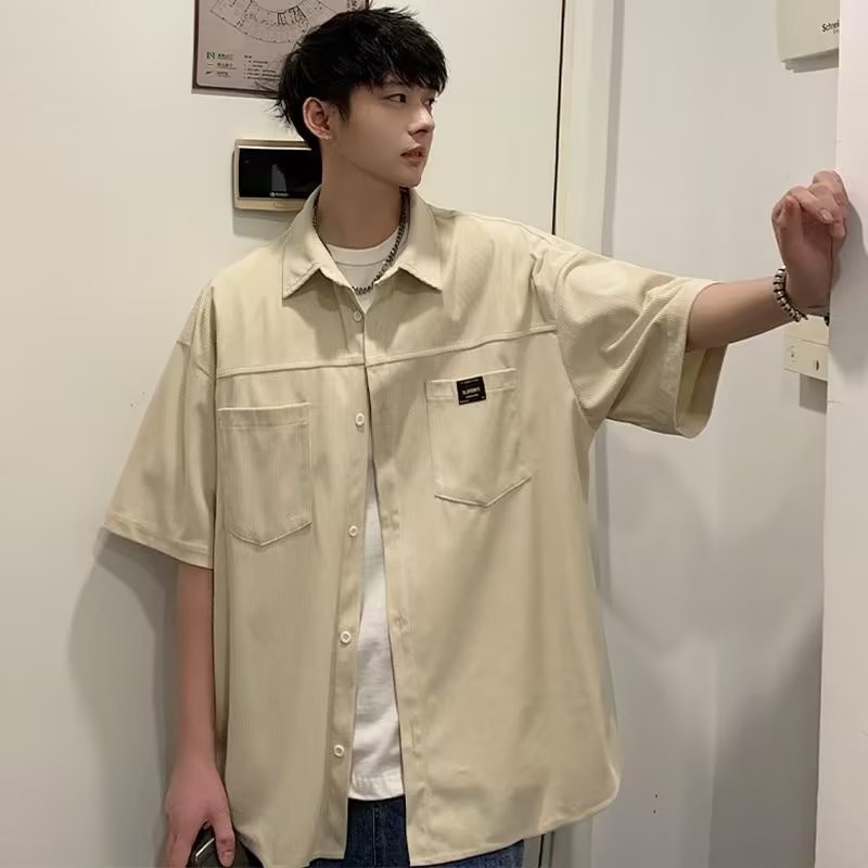 เสื้อเชิ้ตแขนสั้น ผ้าลูกฟูก สีแอปริคอท สไตล์ญี่ปุ่นย้อนยุค ระดับไฮเอนด์ สําหรับผู้ชาย