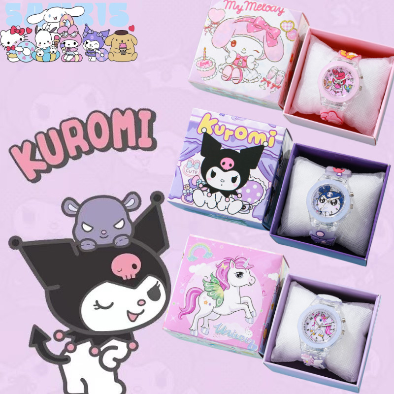 Sanrio Kuromi Cinnamoroll นาฬิกา Led สําหรับเด็ก เด็กผู้หญิง Melody/Unicorn/Hello Kitty นาฬิกา พร้อมกล่องของขวัญ สายซิลิโคนนิ่ม เรืองแสงตอนกลางคืน สําหรับนักเรียน ของขวัญ