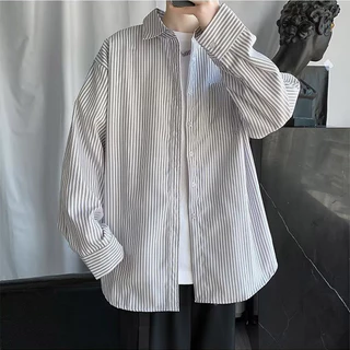 เสื้อแจ็กเก็ตแขนยาว แบบบาง ทรงหลวม ลายทาง แฟชั่นฤดูใบไม้ร่วง สไตล์เกาหลี และญี่ปุ่น สําหรับผู้ชาย