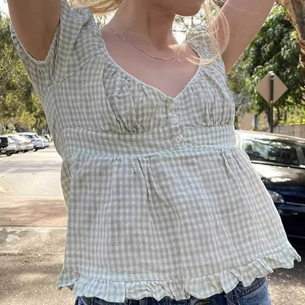 เสื้อแขนสั้นแนววินเทจ เเต่กระดุมข้างหน้า แขนพองน่ารักๆ - รูปที่ 5