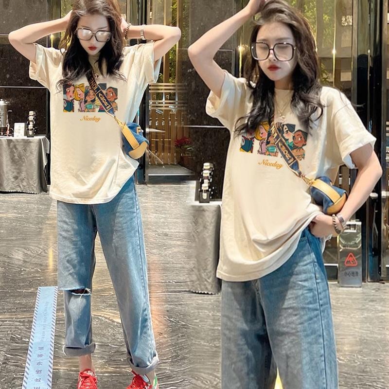 เกาหลี เสื้อแบบดารา เสื้อยืดแขนสั้น CMDXY0316 ผู้ชาย ผู้หญิง ลายทาง ตัวอักษร หลวม ลายสกรีน ฤดูร้อน ฤดูใบไม้ผลิ