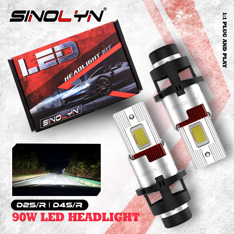 Sinolyn หลอดไฟหน้ารถยนต์ LED 90W 1:1 D2S D4S D2R D4R 12000LM HID เป็นบัลลาสต์ HID 6000K สว่างมาก สีขาว แบบเปลี่ยน 2 ชิ้น