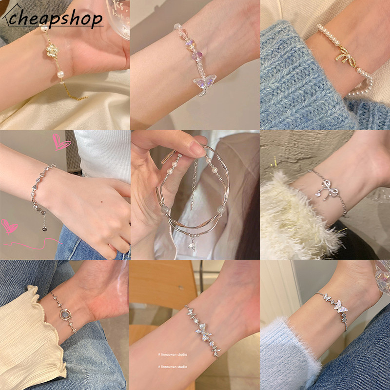 Ifyou สร้อยข้อมือโซ่เงิน จี้โบว์คริสตัล รูปหัวใจ ผีเสื้อ ประดับมุก เครื่องประดับ สําหรับผู้หญิง
