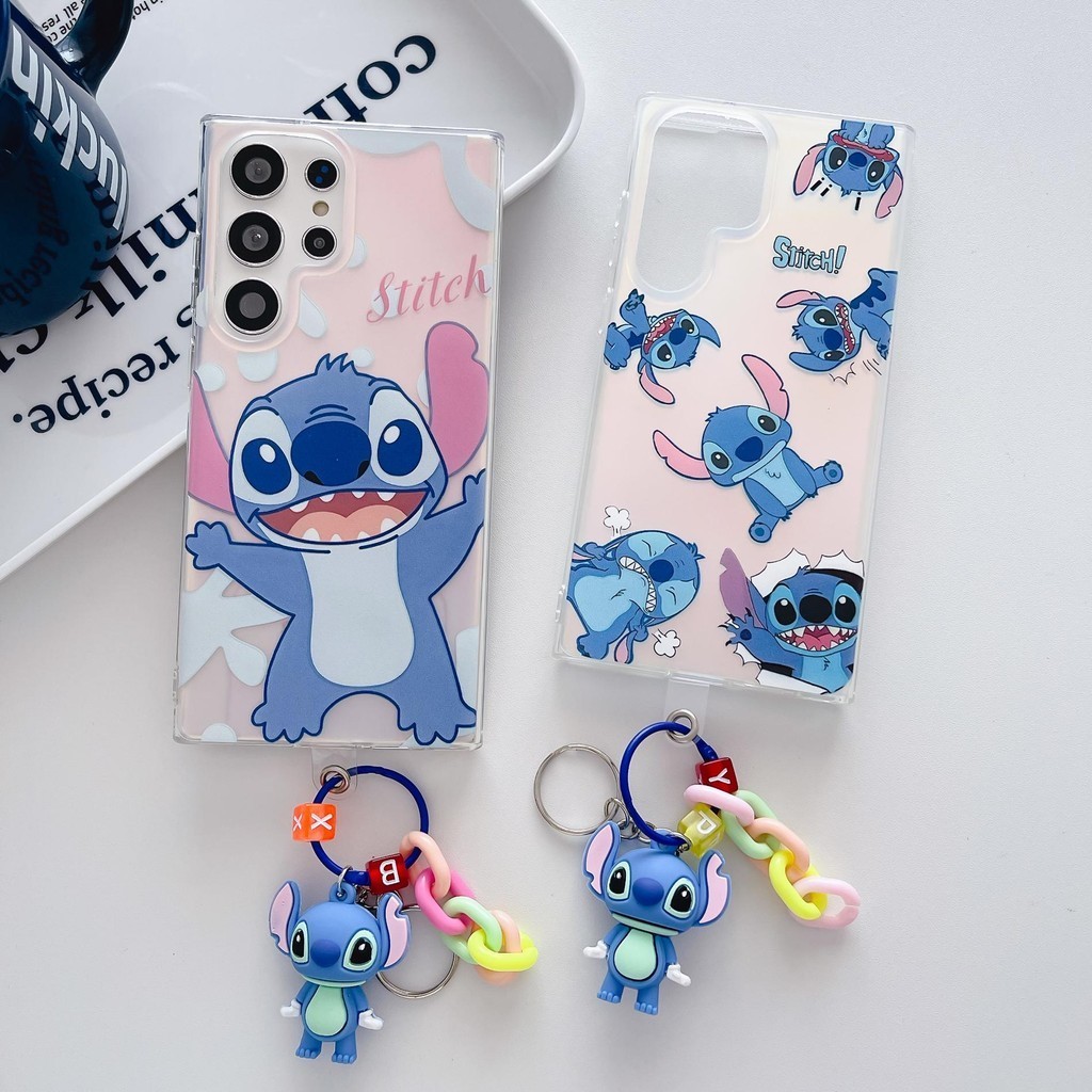 เคสโทรศัพท์มือถือแบบนิ่ม TPU ใส ลายการ์ตูน Stitch พร้อมจี้ห้อย สําหรับ Samsung Galaxy S22 S23FE S24 Ultra Plus A52 A55 A13 A14 A53 A23 A24