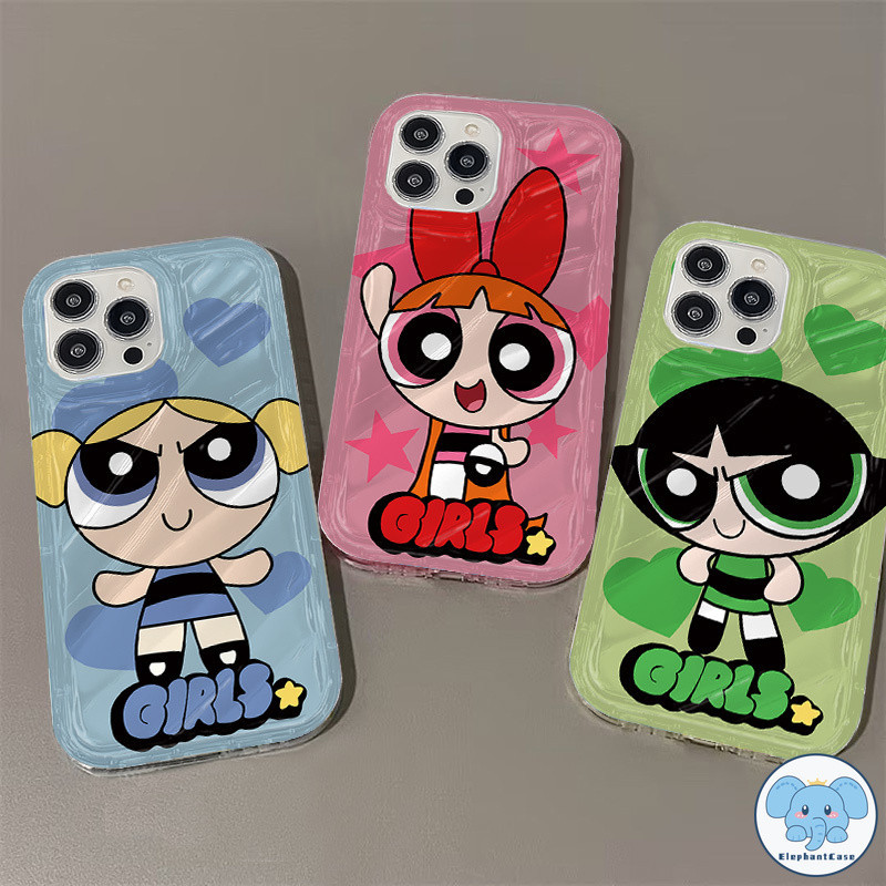 บัตรเลเซอร์การ์ตูนหวานพัฟสาว Supreme Girls ล้างกรณีกันกระแทก iPhone 11 13 14 12 15 Pro Max 8 7 15 6s 6 Plus XR X XS Max