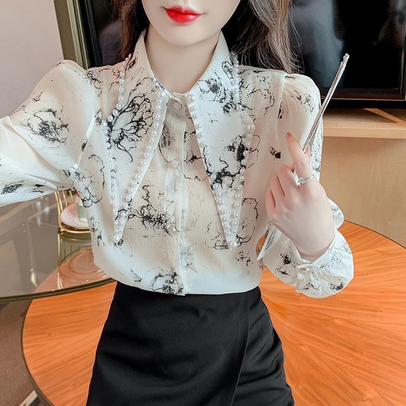เสื้อชีฟอง แขนยาว คอปก พิมพ์ลาย ทรงหลวม กระชับสัดส่วน สําหรับผู้หญิง