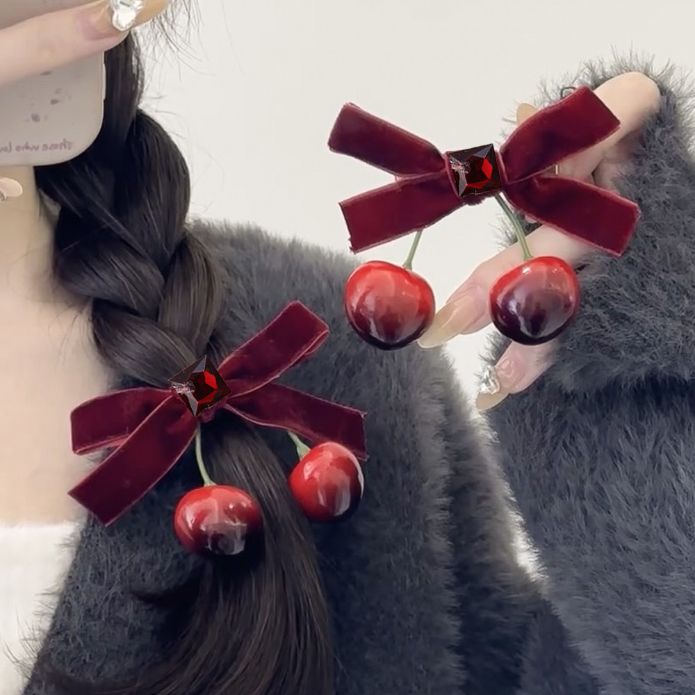 กิ๊บติดผม กํามะหยี่ สีแดง เชอร์รี่ - สําหรับเด็กผู้หญิง, ปาร์ตี้, ชีวิตประจําวัน - กิ๊บติดผม พระหวาน - เรซิน ผลไม้ โบว์ เครื่องประดับผม - กิ๊บติดผม กํามะหยี่ หรูหรา
