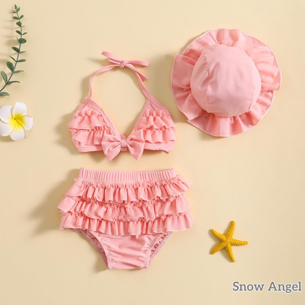 【ส่งจากไทย】​0-24M ชุดว่ายน้ําฤดูร้อนสําหรับเด็กทารกชุดเสื้อแขวนคอ + กางเกงขาสั้นนัวเนียชั้น + หมวก