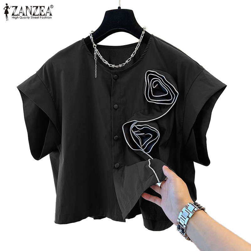 Zanzea เสื้อเบลาส์ คอกลม แขนสั้น ทรงหลวม สไตล์เกาหลี สําหรับผู้หญิง