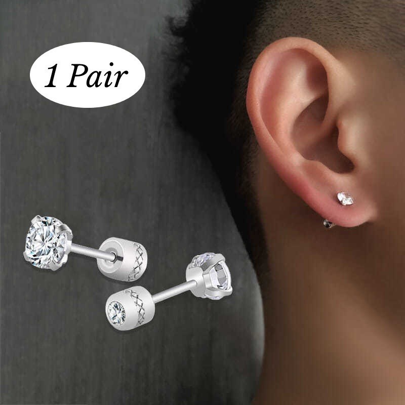 1คู่(2ชิ้น)ต่างหูเพชรสแตนเลสไทเทเนียมสําหรับผู้ชายผู้หญิง