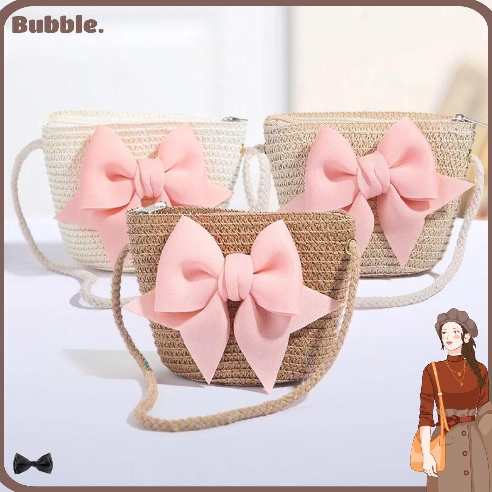 Bubble กระเป๋าถือ กระเป๋าสะพายไหล่ แบบสาน แฮนด์เมด ประดับโบว์ สีชมพู พร็อพถ่ายรูป สําหรับเด็กผู้หญิง