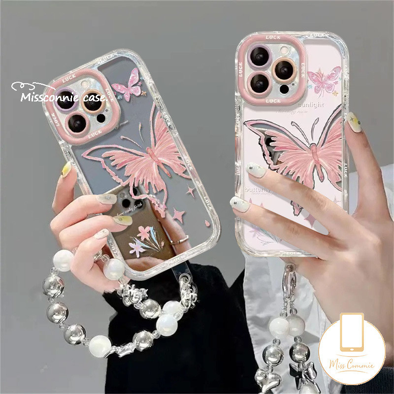 โรแมนติกสีชมพูผีเสื้อดอกไม้ดาวปลอกอ่อนเข้ากันได้สําหรับ IPhone 11 16 13 14 15 12 Pro Max 7Plus XR X XS Max 7 8 15 Plus Dreamy ผีเสื้อหรูหราสร้อยข้อมือ Make Up Mirror Case