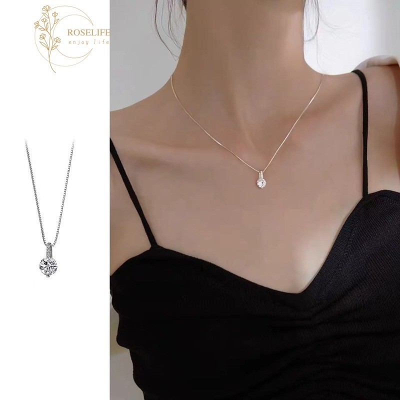 Roselife สร้อยคอเงิน 925 จี้คริสตัล เรียบง่าย หรูหรา เครื่องประดับ สําหรับผู้หญิง งานหมั้น ปาร์ตี้ ของขวัญ