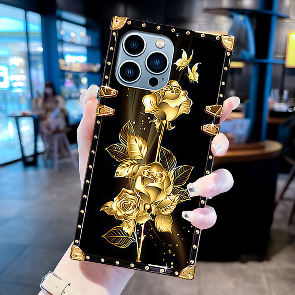 ปลอกoppo Reno 12 12F 11 11F 10 Pro 9 8 8T 8Z 7 7Z 6 6Z 5 5Z 5F 4 Pro 4G 5G Reno 3 2 Z 2F 2Zแฟชั่นหรูหราดอกไม้สีทองสแควร์กันกระแทกเคสโทรศัพท์