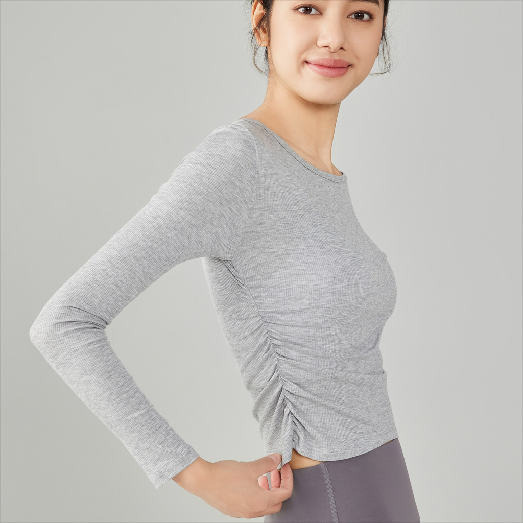 Yoga Sports T-shirt Long Sleeve Pleats Ribbed Breathable - รูปที่ 6
