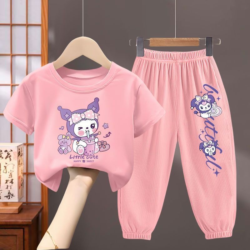 น่ารัก Kuromi เด็กสาว T เสื้อ + กางเกง 2-14Y เด็ก 2 ชิ้น/เซ็ตแขนสั้น Tshirt ผ้าไหมน้ําแข็ง Anti-ยุงยาวกางเกงนักเรียนเด็กอินเทรนด์ Outerwear Homewear