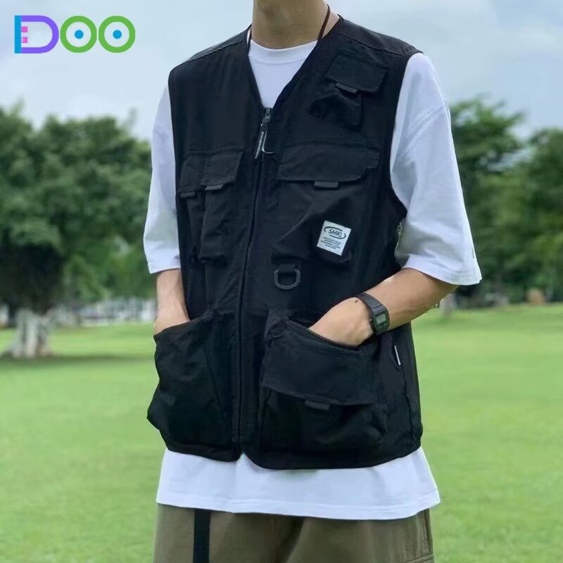 เสื้อกั๊กผู้ชายแขนกุดเสื้อกั๊กหลวมเสื้อโค้ทหลายกระเป๋า