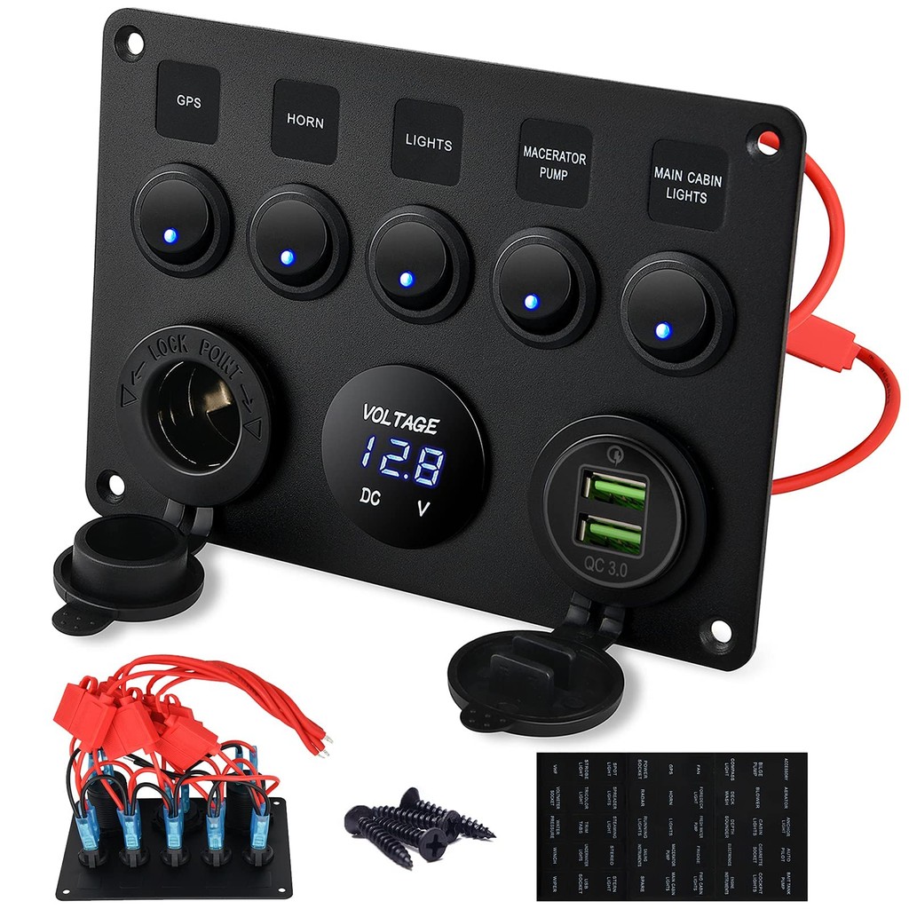 5 ตําแหน่งแดชบอร์ด 12V Power Adapter Socket พร้อมฝาปิดกันน้ํา 4.2A Dual USB Charger LED Digital Voltmeter Switch Toggle Truck Camper Marine