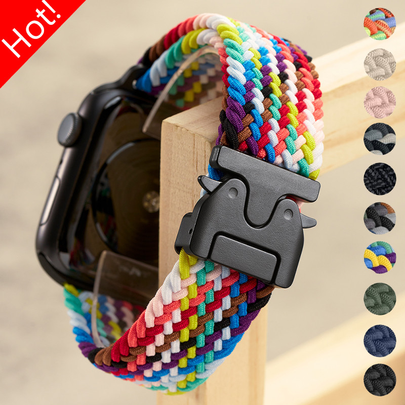 Braided Solo Loop Strap สร้อยข้อมือไนลอนสําหรับ Apple Watch Ultra 2 Series 10 9 8 7 6 SE 5 ขนาด 49/46/45/44/42/41/40 มม.