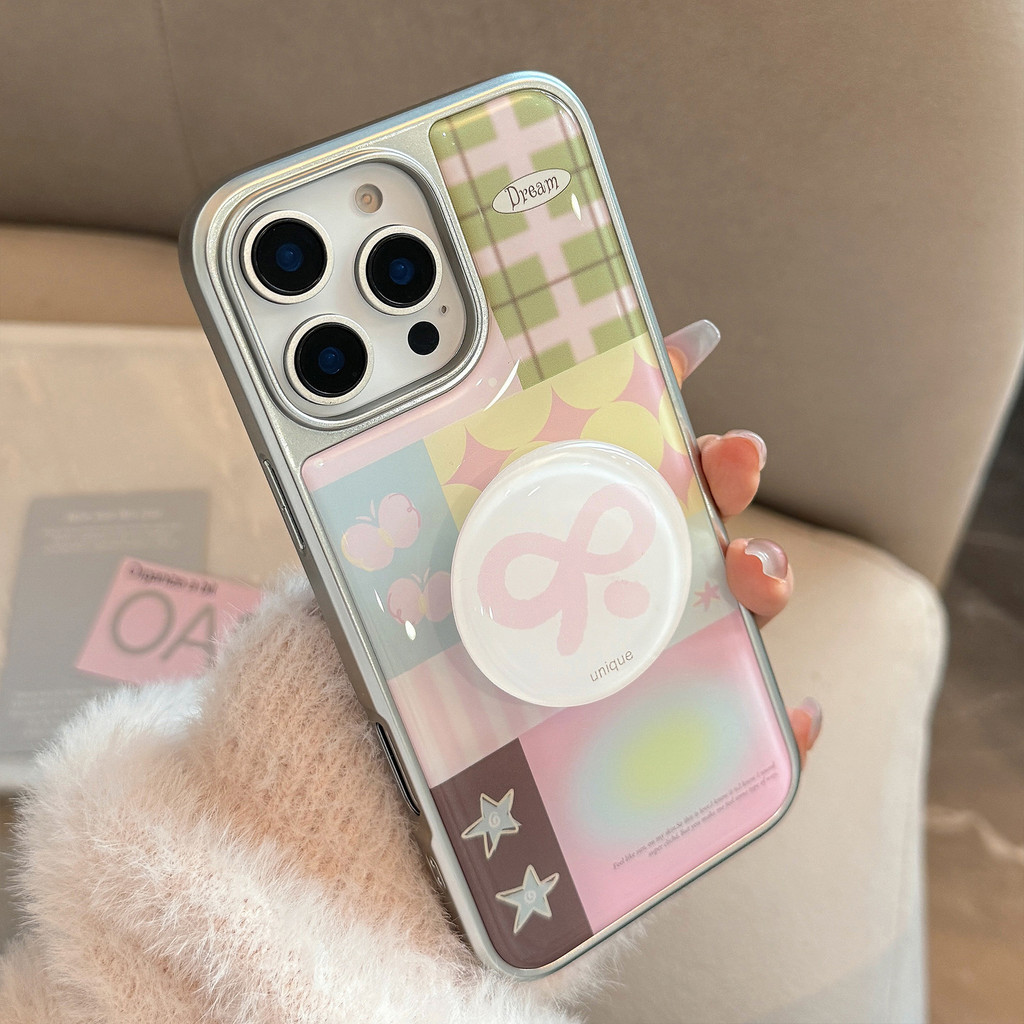 กรอบเคลือบด้วยไฟฟ้าลายโบว์ประกบน่ารัก เคสกระบวนการอีพ็อกซี่สําหรับ iphone 13 14 15 16 pro max case + ที่วางโทรศัพท์มือถือ