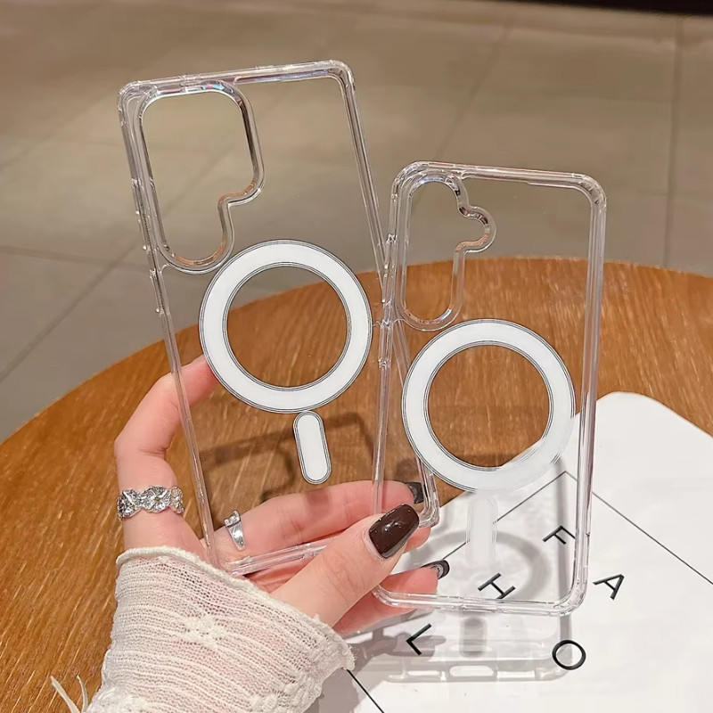 แม่เหล็กชาร์จไร้สายสําหรับ Samsung S25 S24 S22 S23 Ultra Plus S21 S24 S23 FE แม่เหล็กอะคริลิคใสกันกระแทกฝาครอบใส