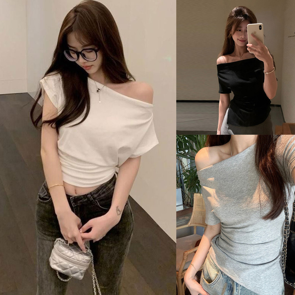 Dahong เสื้อปาดไหล่ทรงจีบจีบข้างมีหลายสี เสื้อปาดไหล่ทรงสวยมากผ้ายืดพร้อมส่ง  2685