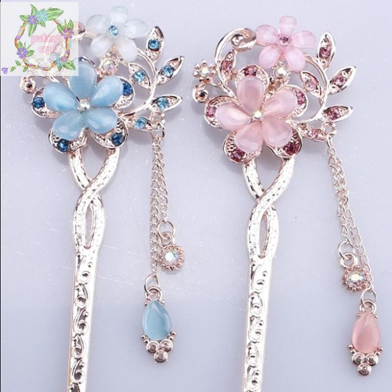 PUCOOL กิ๊บติดผมหินตาแมวดอกไม้คู่กิ๊บติดผม Rhinestone TH
