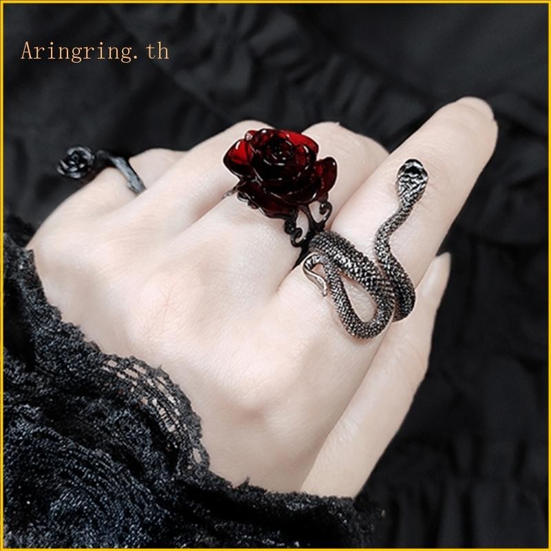Arin แหวนนิ้วมือ รูปดอกกุหลาบ สีแดง สไตล์โกธิค พังก์ กอธิค ฮาโลวีน