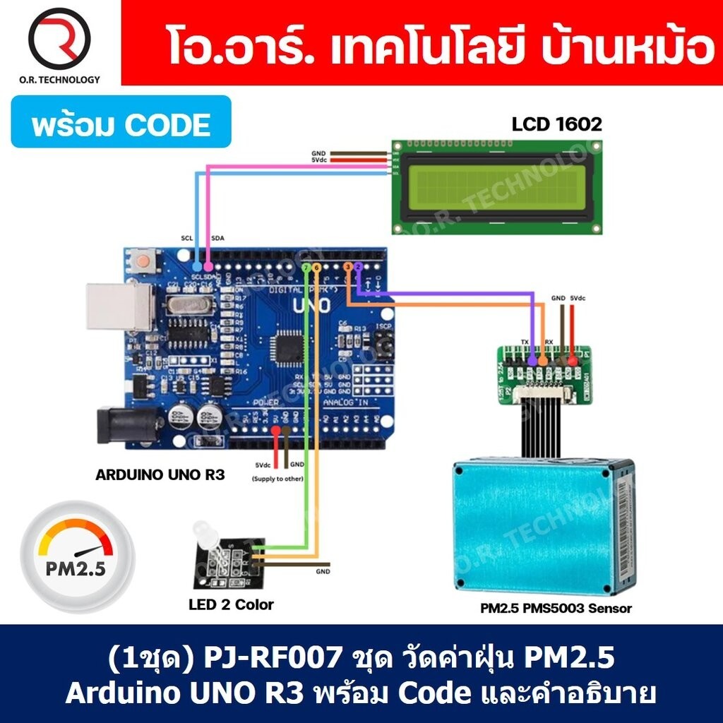 (1ชุด) PJ-RF007 ชุด วัดค่าฝุ่น PM2.5 Arduino UNO R3 พร้อม Code และคำอธิบาย Dust Station PM2.5 PMS5003 Sensor PLANTOWE...