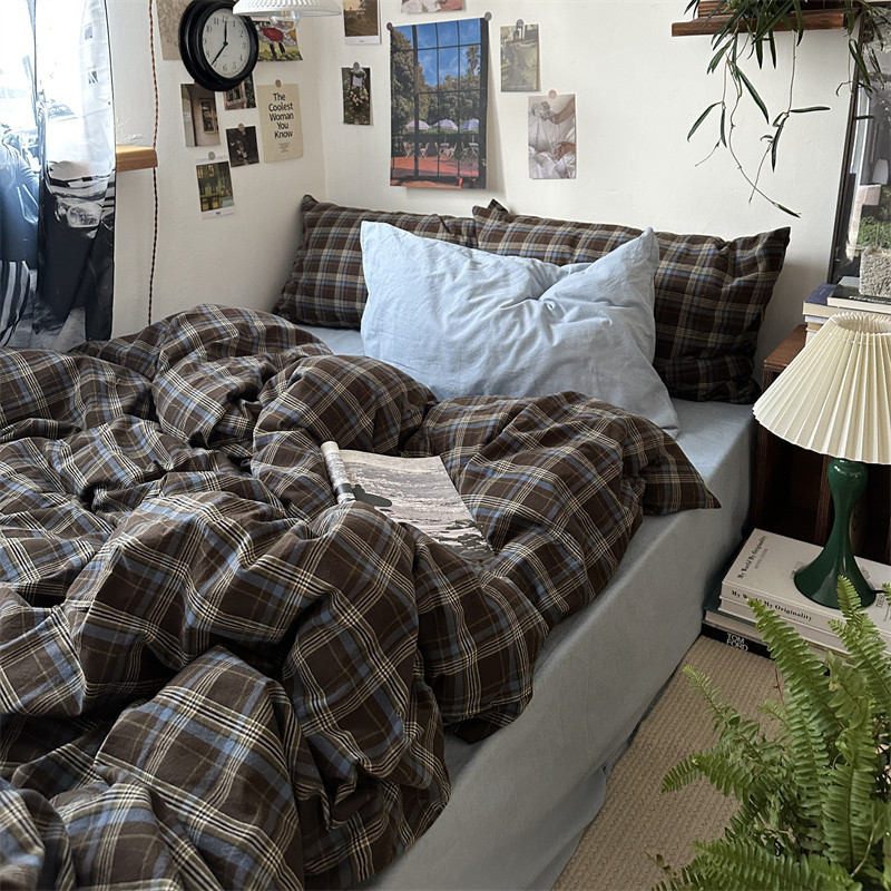 ชุดผ้าฝ้ายลายสก็อต 4 ชิ้นผ้าฝ้าย 100 % ผ้าปู ที่นอนเตียงเดี่ยว 6 ฟุตแพ็ค 4 ชิ้น