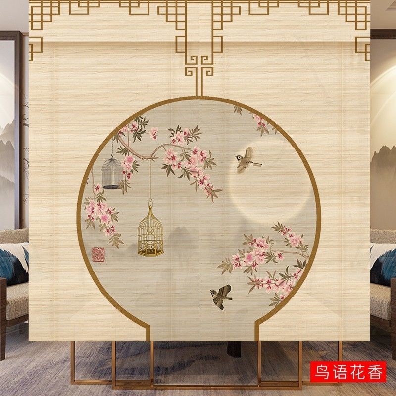 ม่านไม้ไผ่แบบกำหนดเองสำหรับดอกไม้และนกห้องชงชาม่านม้วนแบบจีนใหม่ฉากกั้นยกภาพพื้นหลังแบบสด