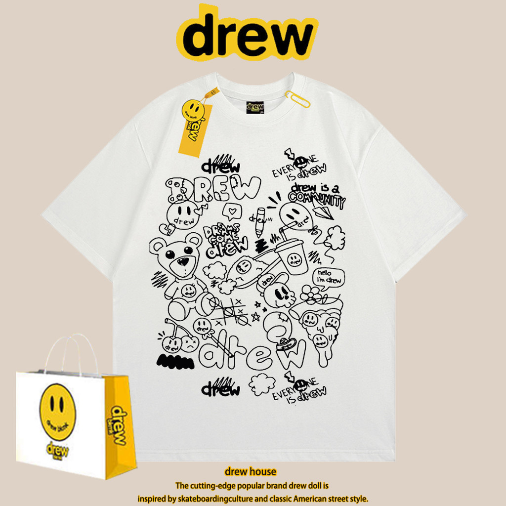 Drev เสื้อยืดแขนสั้นลําลอง พิมพ์ลายหน้ายิ้ม ทรงหลวม แฟชั่นคู่รัก สําหรับผู้ชาย และผู้หญิง