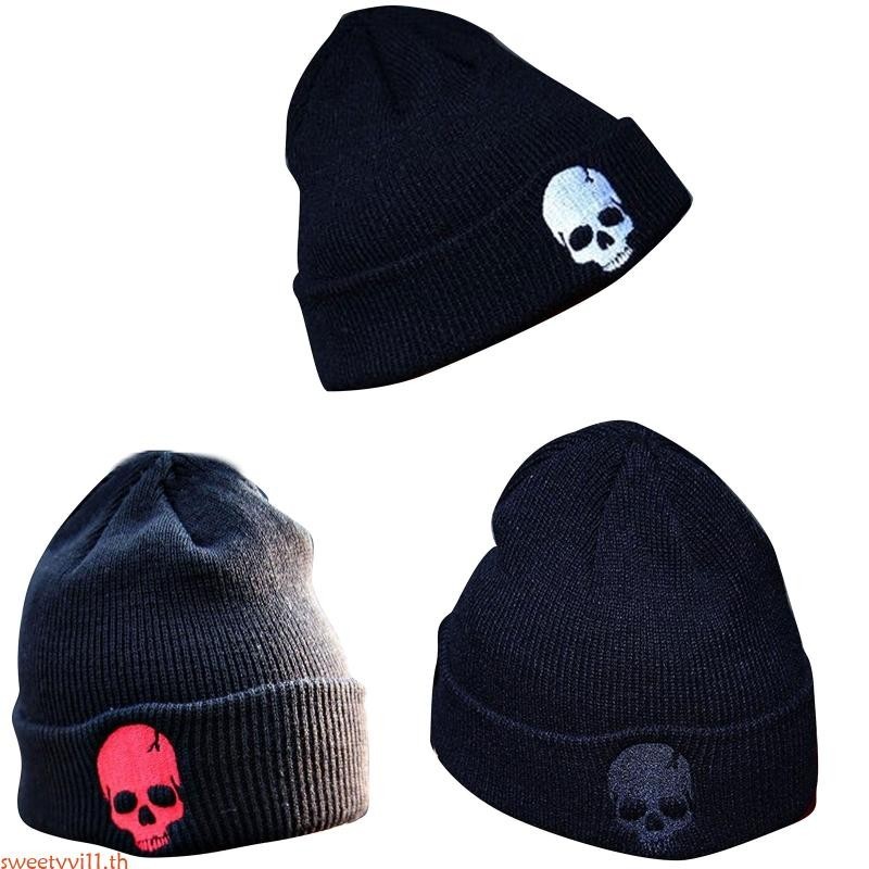 Sweetyvi12 หมวกบีนนี่ถัก แบบหนา ให้ความอบอุ่น ปักลายโครงกระดูก แฟชั่นฤดูหนาว กลางแจ้ง สําหรับผู้หญิง และผู้ชาย