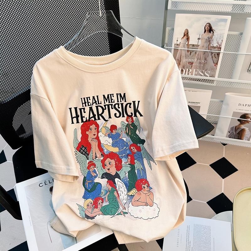 เกาหลี เสื้อแบบดารา เสื้อยืดแขนสั้น CMDXY0066 ผู้ชาย ผู้หญิง ลายทาง ตัวอักษร หลวม ลายสกรีน ฤดูร้อน ฤดูใบไม้ผลิ